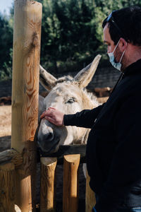 Rear view of man with horse in zoo