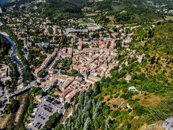 High angle view of trees in town