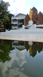 Reflection of temple in lake against sky