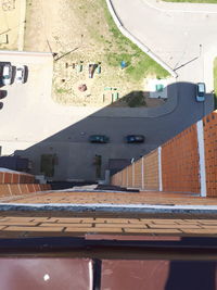 High angle view of street and buildings in city