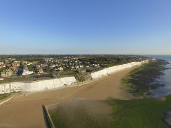 High angle view of beach against clear blue sky