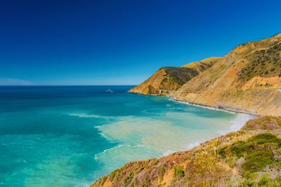 Scenic view of sea against clear blue sky