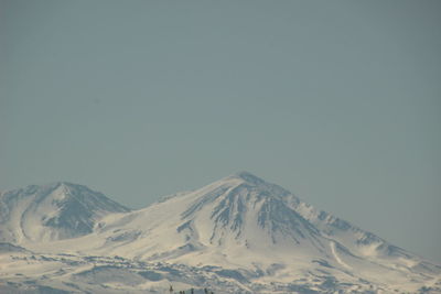 Scenic view of snowcapped mountains against clear sky