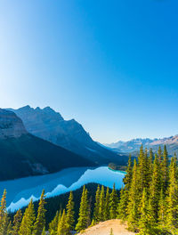 Scenic view of mountains and lake against clear blue sky