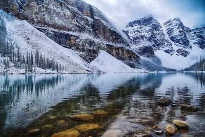 Scenic view of lake by snowcapped mountains against sky