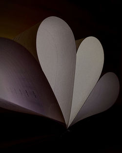 Close-up of heart shape on book against black background