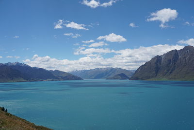 Scenic view of lake and mountains against sky
