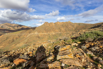 Panoramic view at landscape between betancuria and pajara on fuerteventura, spain 