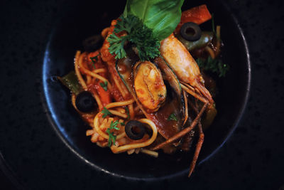 High angle view of noodles in bowl