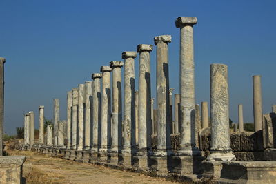 Low angle view of historical building against clear blue sky