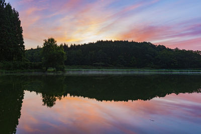 Scenic view of lake against sky at sunset