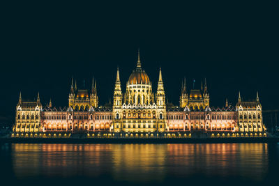 Illuminated hungarian parliament building by river against clear sky at night