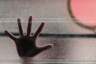 Cropped hand touching glass window