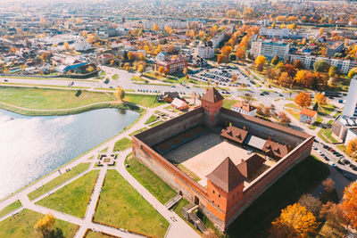 High angle view of buildings in city