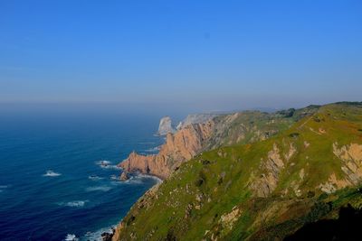 Scenic view of sea against clear blue sky