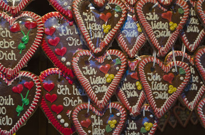 Full frame shot of hear shape ginger bread cookies for sale in market