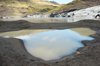 Solheimajokull glacier melting as a result of climate change and global warming, iceland