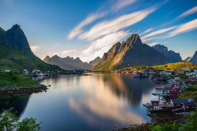 Scenic view of lake by mountains against sky