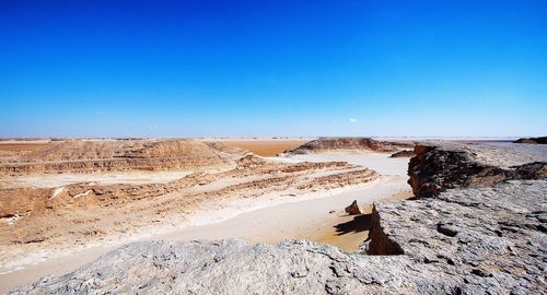 Scenic view of rocks against clear blue sky