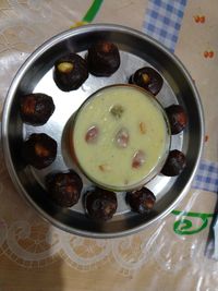 High angle view of breakfast served on table