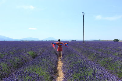 Rear view of woman standing on lavender field with arms outstretched against sky