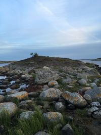 Rocks at sea shore against sky