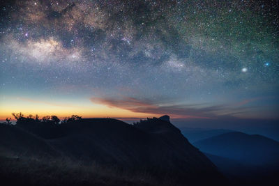 Scenic view of mountains against sky at night