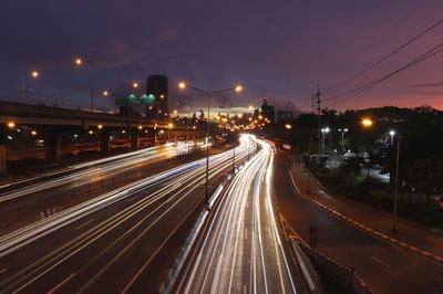 Light trails on road at night