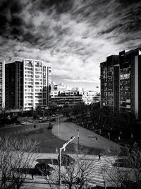 High angle view of buildings against sky