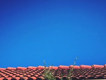 Low angle view of houses against clear blue sky