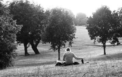 Rear view of woman sitting on grassy field in park