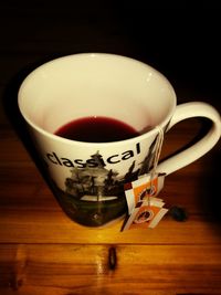 Close-up of coffee cup on table