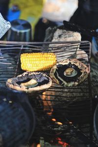 High angle view of meat on barbecue grill