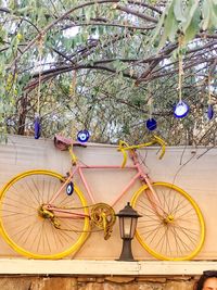 Bicycle wheel against blue sky