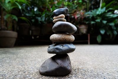 Close-up of stone stack on rock