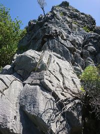 Low angle view of rocks against clear sky