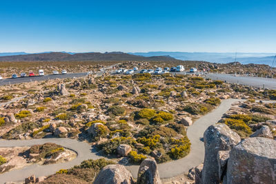 Aerial view of landscape against clear blue sky