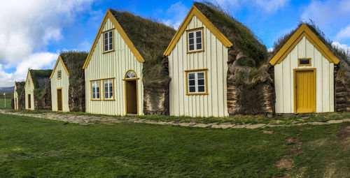 Detail of the outside view of peat houses in glaumbaer in iceland