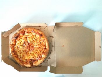 High angle view of pizza on table