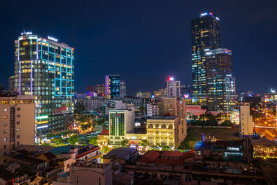 High angle view of illuminated central buildings in ho chi minh city at night