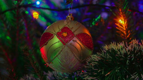 Close-up of christmas decorations on tree