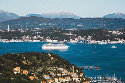 Portovenere, italy giant cruise ship costa crociere in gulf leaving the touristic port of la spezia