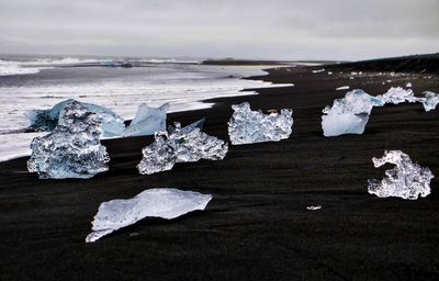 View of ice crystals on sea shore during winter