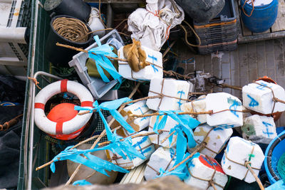 High angle view of clothes for sale at street market