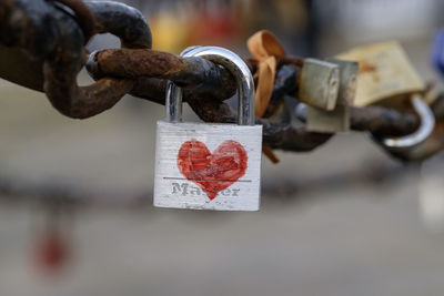Close-up of love padlocks on chain