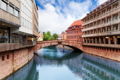 Bridge over canal amidst buildings against sky in city