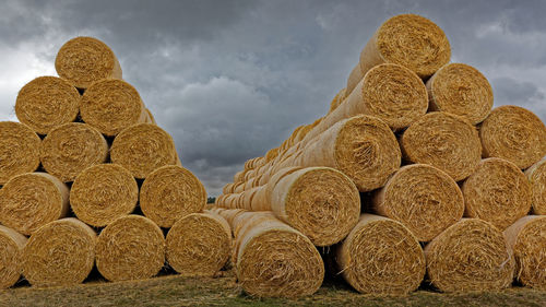 Stack of firewood against sky