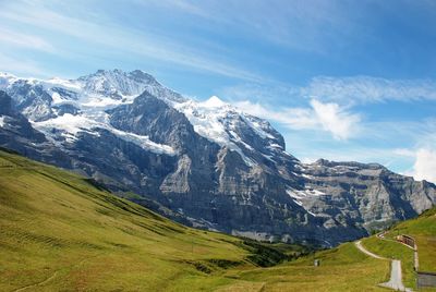 Scenic view of mountains against sky during winter