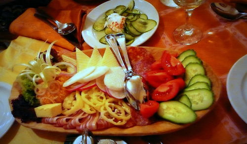 High angle view of meal served on table