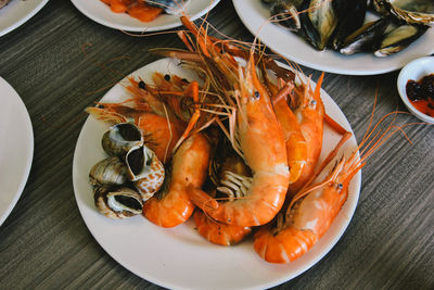 High angle view of seafood in plate on table